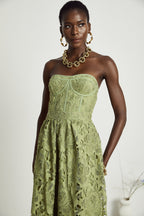 Inès Lace Floral Embroidered Midi Dress Off-Shoulder Cut-Out Detail Green