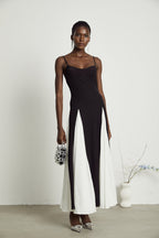 Sofie Two Tone Pleated Maxi Dress Sleeveless Adjustable Straps Detail Black