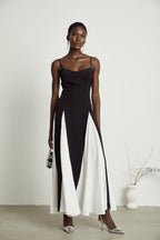 Sofie Two Tone Pleated Maxi Dress Sleeveless Adjustable Straps Detail Black