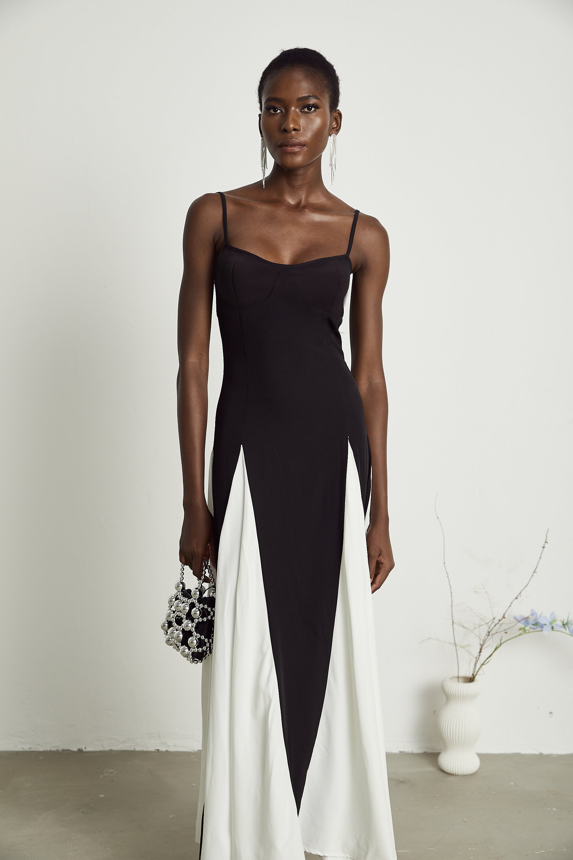 Sofie Two Tone Pleated Maxi Dress Sleeveless Adjustable Straps Detail Black