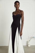 Sofie Two Tone Pleated Maxi Dress Sleeveless Adjustable Straps Detail Black