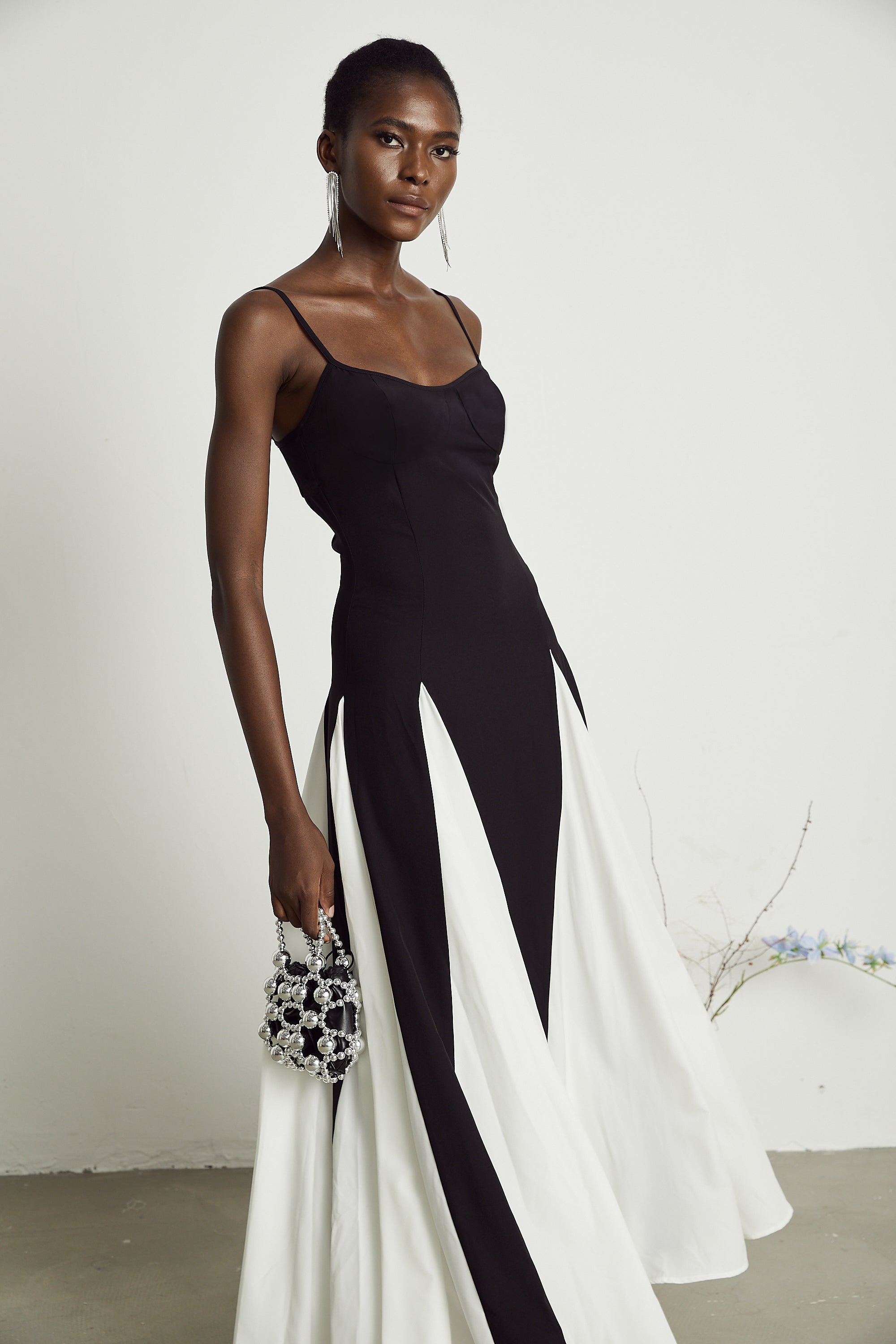 Sofie Two Tone Pleated Maxi Dress Sleeveless Adjustable Straps Detail Black
