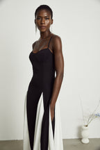 Sofie Two Tone Pleated Maxi Dress Sleeveless Adjustable Straps Detail Black