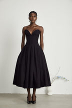 Katherine Off-Shoulder Corset Midi Dress Sleeveless Pleated Detailing Black