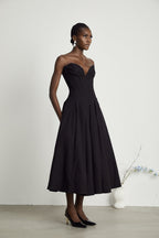 Katherine Off-Shoulder Corset Midi Dress Sleeveless Pleated Detailing Black