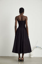 Katherine Off-Shoulder Corset Midi Dress Sleeveless Pleated Detailing Black