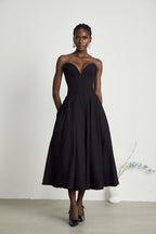 Katherine Off-Shoulder Corset Midi Dress Sleeveless Pleated Detailing Black