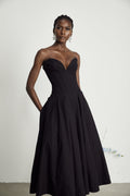 Katherine Off-Shoulder Corset Midi Dress Sleeveless Pleated Detailing Black