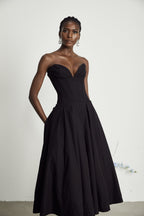 Katherine Off-Shoulder Corset Midi Dress Sleeveless Pleated Detailing Black