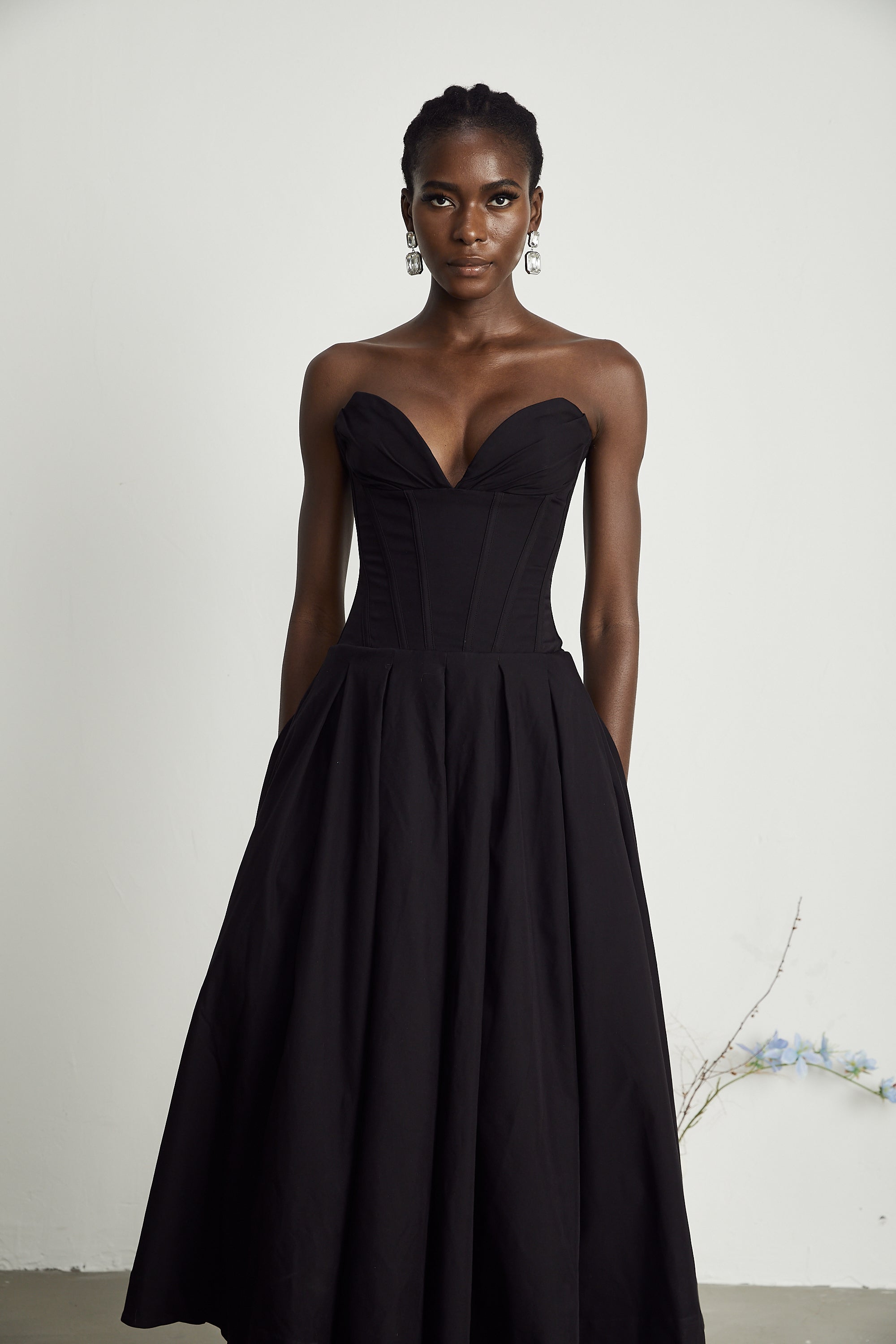 Katherine Off-Shoulder Corset Midi Dress Sleeveless Pleated Detailing Black