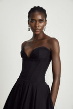 Katherine Off-Shoulder Corset Midi Dress Sleeveless Pleated Detailing Black