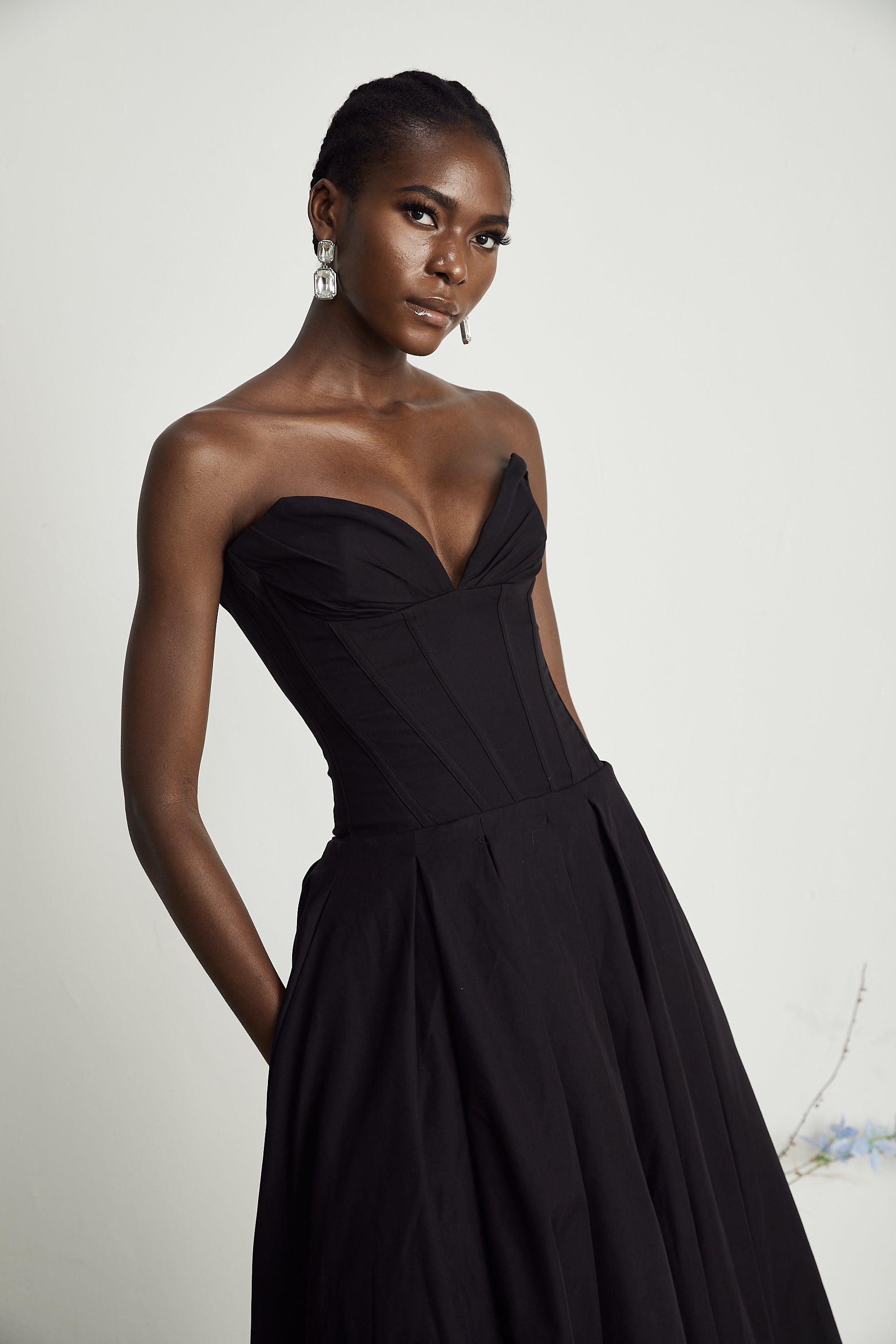 Katherine Off-Shoulder Corset Midi Dress Sleeveless Pleated Detailing Black