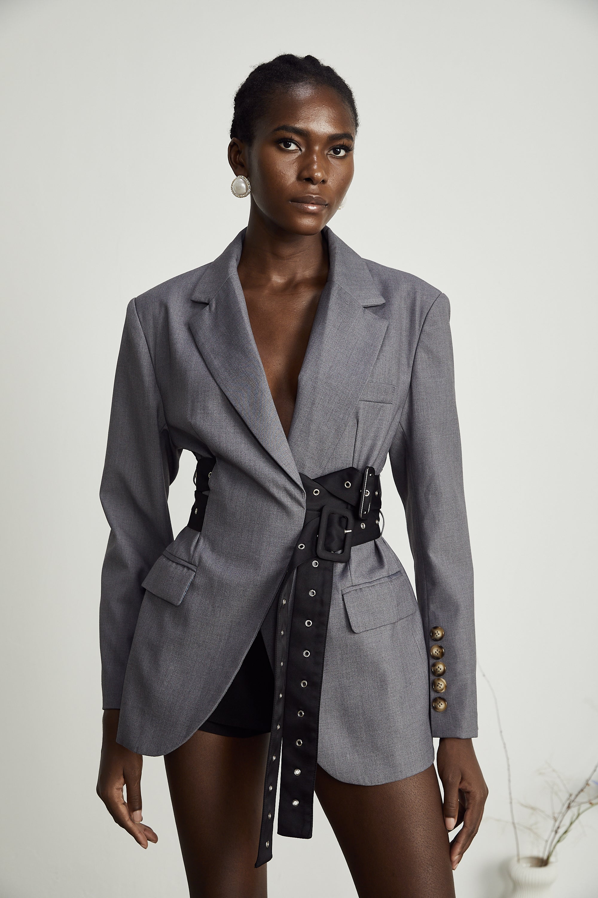 Thérèse Belted Waist Blazer Long Sleeve Buttoned Cuffs Detail Grey