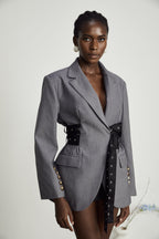 Thérèse Belted Waist Blazer Long Sleeve Buttoned Cuffs Detail Grey
