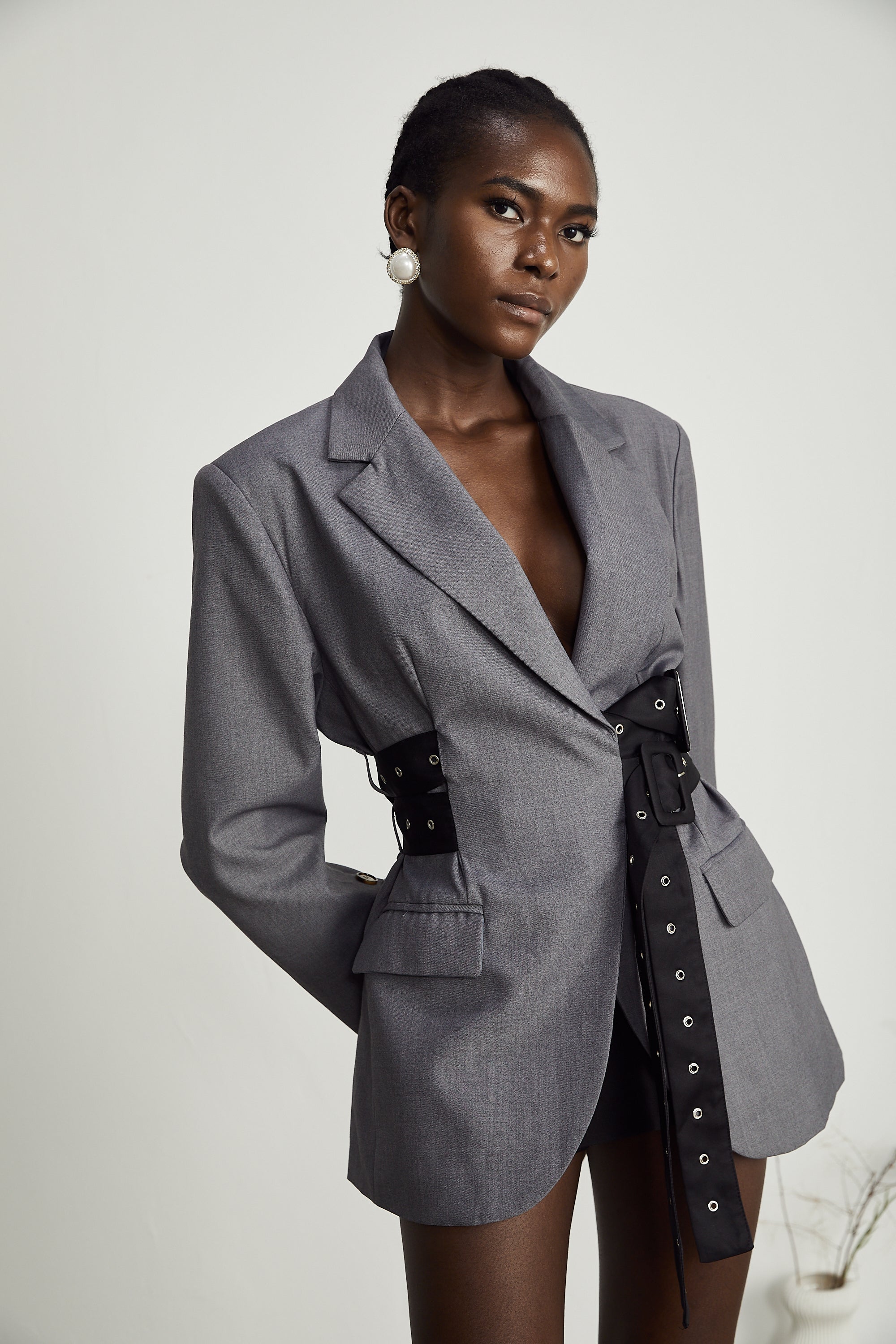 Thérèse Belted Waist Blazer Long Sleeve Buttoned Cuffs Detail Grey