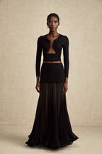 Anaïs Open-Front Gathered Top V-Neck Long Sleeve Boned Design Detail Black