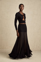 Anaïs Open-Front Gathered Top V-Neck Long Sleeve Boned Design Detail Black
