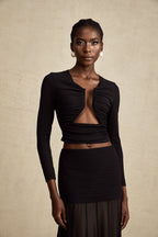 Anaïs Open-Front Gathered Top V-Neck Long Sleeve Boned Design Detail Black
