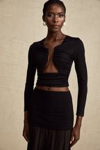 Anaïs Open-Front Gathered Top V-Neck Long Sleeve Boned Design Detail Black