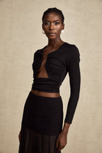Anaïs Open-Front Gathered Top V-Neck Long Sleeve Boned Design Detail Black