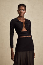 Anaïs Open-Front Gathered Top V-Neck Long Sleeve Boned Design Detail Black