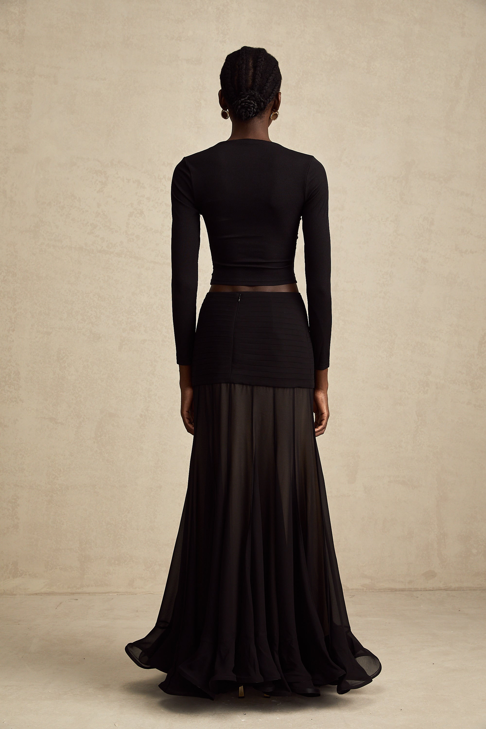 Anaïs Open-Front Gathered Top V-Neck Long Sleeve Boned Design Detail Black