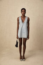 Daphné Crystal Sleeveless Denim Mini Dress Plunging V-Neck A-Line Detail Blue