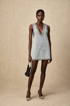 Daphné Crystal Sleeveless Denim Mini Dress Plunging V-Neck A-Line Detail Blue