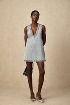 Daphné Crystal Sleeveless Denim Mini Dress Plunging V-Neck A-Line Detail Blue