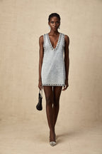 Daphné Crystal Sleeveless Denim Mini Dress Plunging V-Neck A-Line Detail Blue