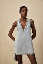 Daphné Crystal Sleeveless Denim Mini Dress Plunging V-Neck A-Line Detail Blue