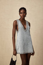 Daphné Crystal Sleeveless Denim Mini Dress Plunging V-Neck A-Line Detail Blue