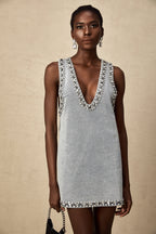 Daphné Crystal Sleeveless Denim Mini Dress Plunging V-Neck A-Line Detail Blue
