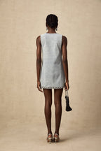 Daphné Crystal Sleeveless Denim Mini Dress Plunging V-Neck A-Line Detail Blue
