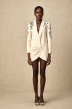 Éléna Embellished Sequined Blazer Dress Plunging V-Neck Long Sleeve Wrap Detail Neutrals