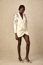 Éléna Embellished Sequined Blazer Dress Plunging V-Neck Long Sleeve Wrap Detail Neutrals