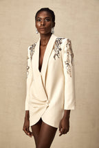 Éléna Embellished Sequined Blazer Dress Plunging V-Neck Long Sleeve Wrap Detail Neutrals
