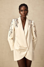 Éléna Embellished Sequined Blazer Dress Plunging V-Neck Long Sleeve Wrap Detail Neutrals