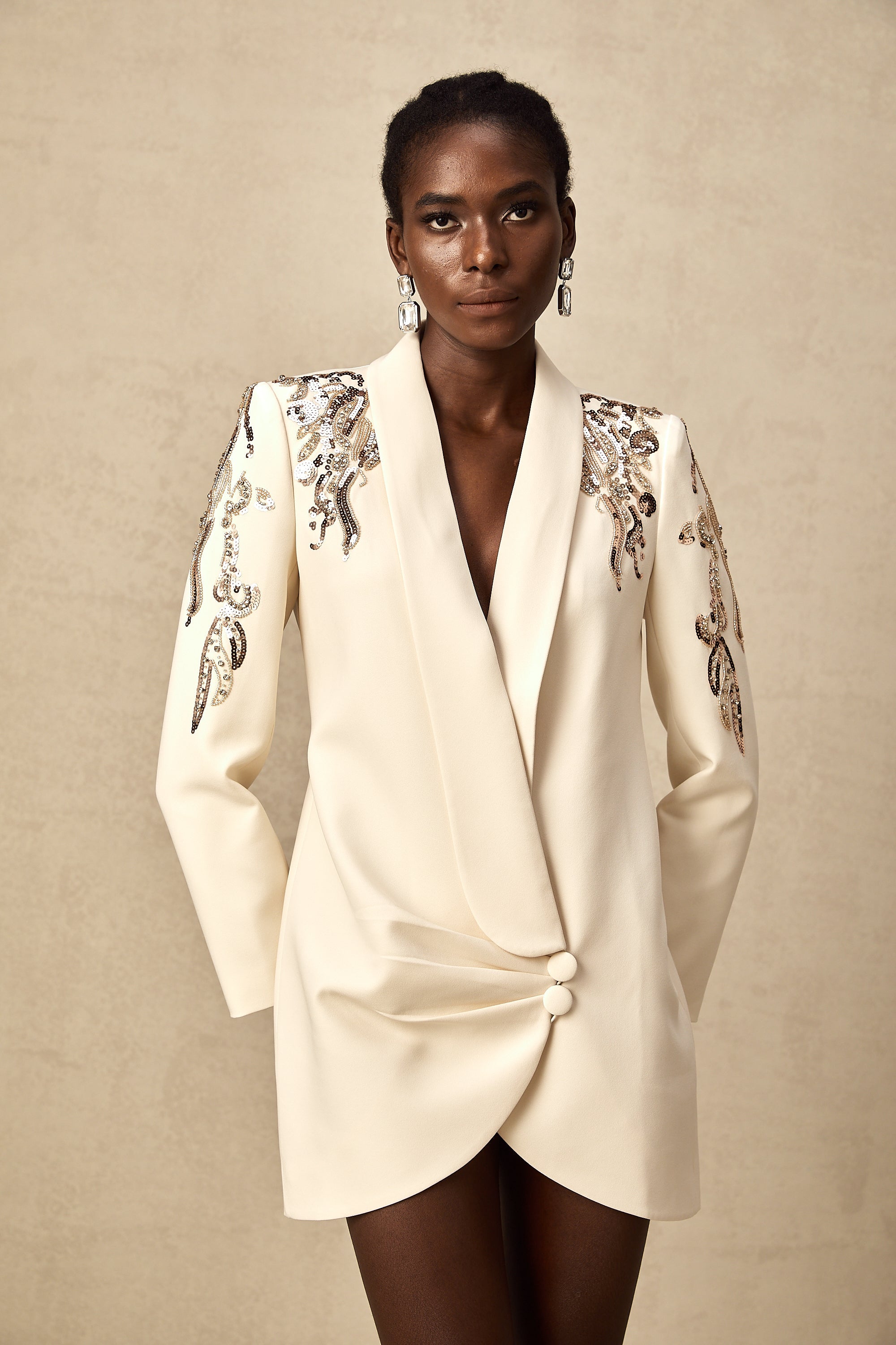 Éléna Embellished Sequined Blazer Dress Plunging V-Neck Long Sleeve Wrap Detail Neutrals