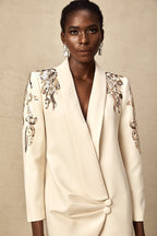 Éléna Embellished Sequined Blazer Dress Plunging V-Neck Long Sleeve Wrap Detail Neutrals