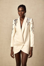 Éléna Embellished Sequined Blazer Dress Plunging V-Neck Long Sleeve Wrap Detail Neutrals