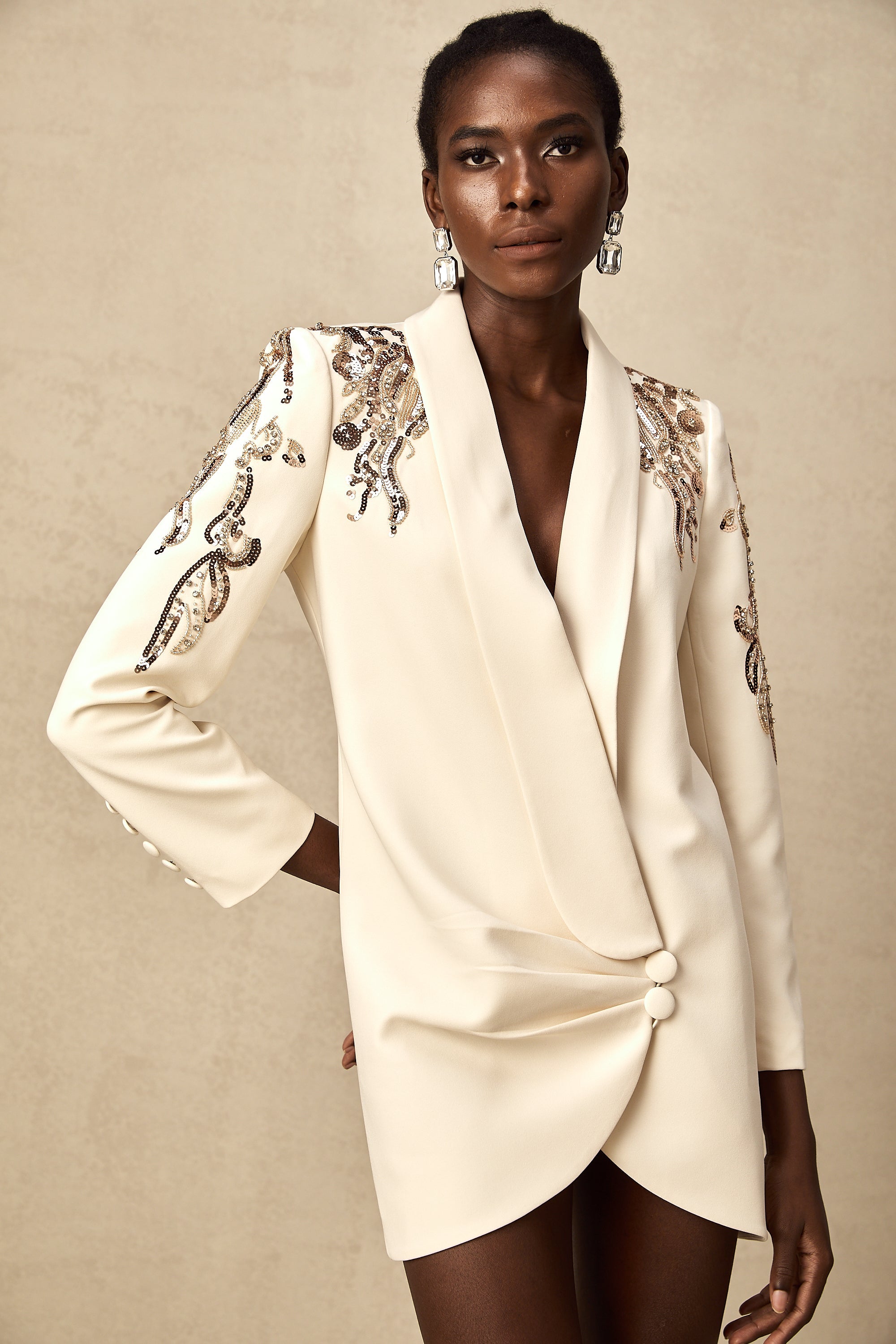 Éléna Embellished Sequined Blazer Dress Plunging V-Neck Long Sleeve Wrap Detail Neutrals