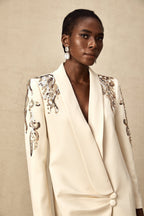 Éléna Embellished Sequined Blazer Dress Plunging V-Neck Long Sleeve Wrap Detail Neutrals