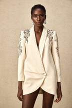 Éléna Embellished Sequined Blazer Dress Plunging V-Neck Long Sleeve Wrap Detail Neutrals