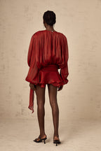 Eugénie Fully Pleated Ruffled Mini Dress Long Sleeve Red