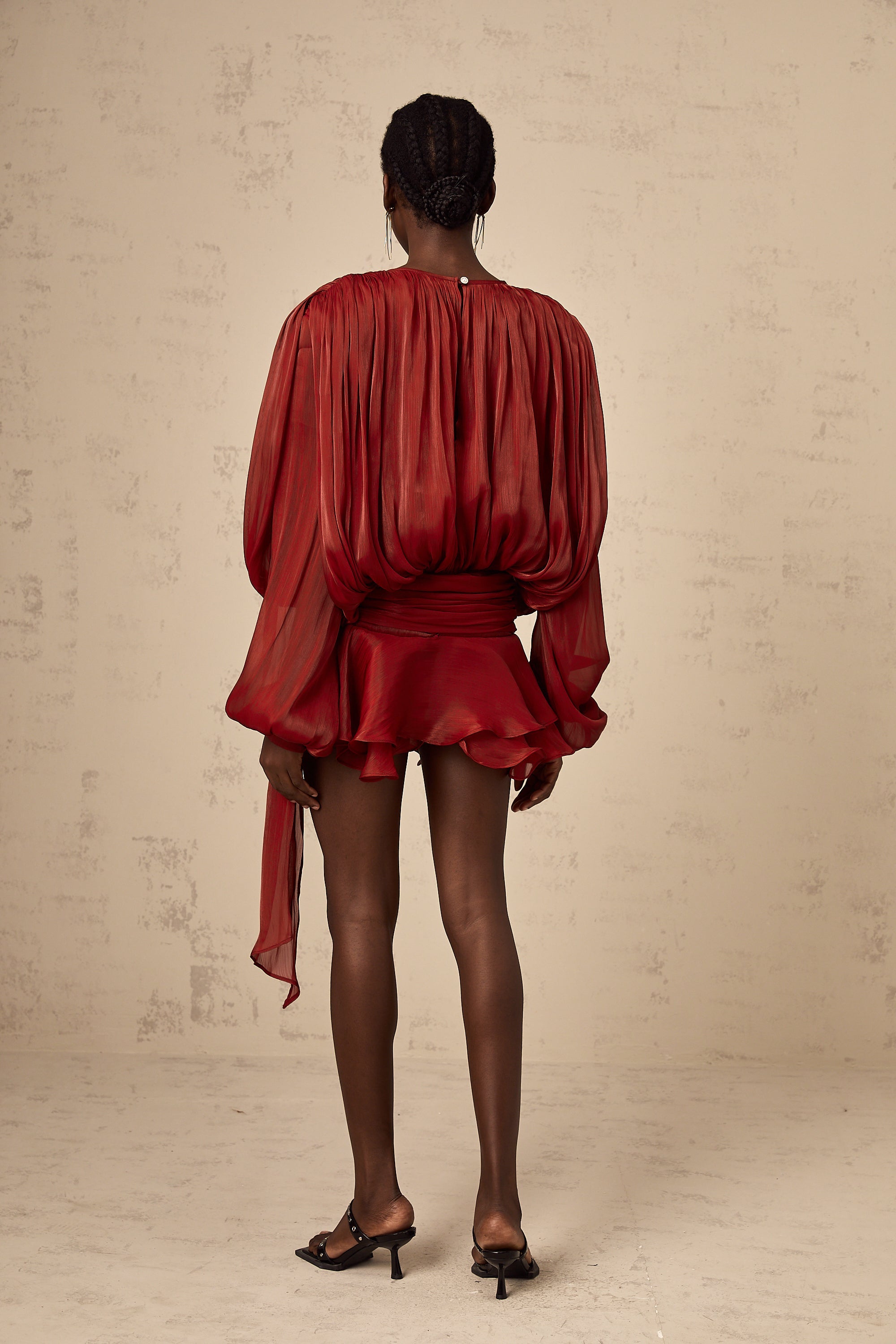 Eugénie Fully Pleated Ruffled Mini Dress Long Sleeve Red