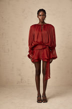 Eugénie Fully Pleated Ruffled Mini Dress Long Sleeve Red