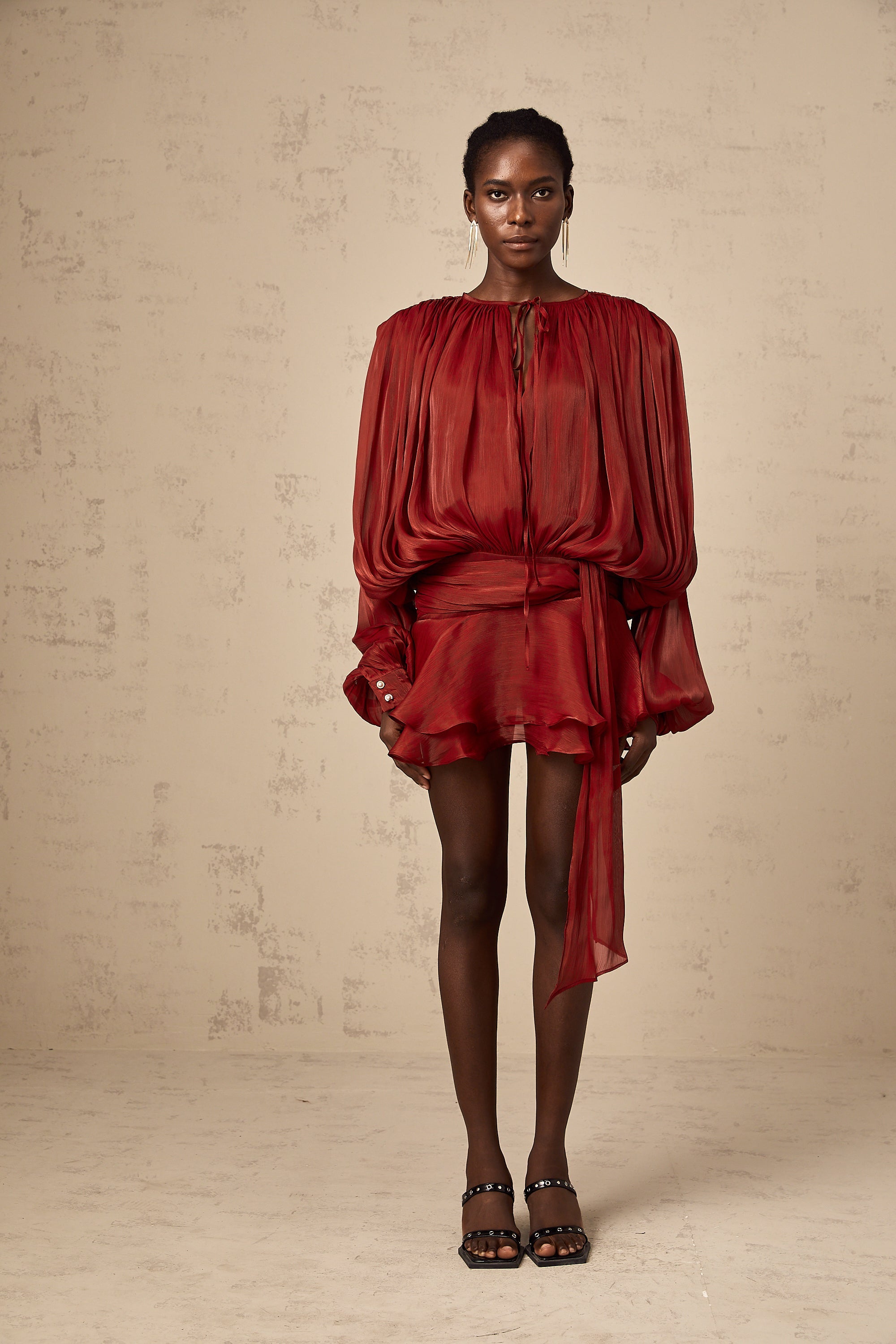 Eugénie Fully Pleated Ruffled Mini Dress Long Sleeve Red