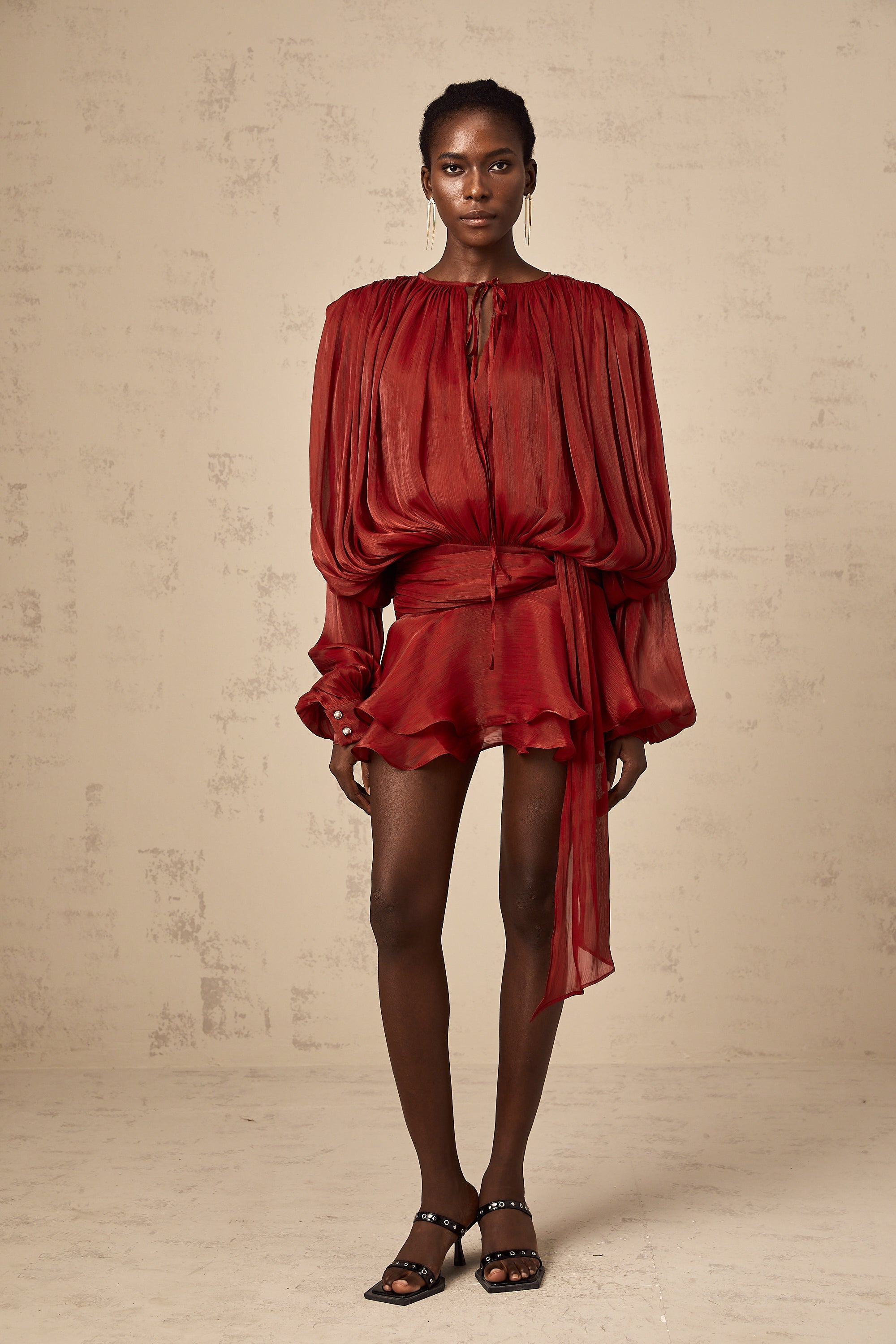 Eugénie Fully Pleated Ruffled Mini Dress Long Sleeve Red