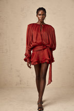 Eugénie Fully Pleated Ruffled Mini Dress Long Sleeve Red